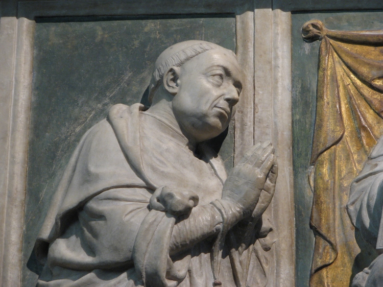 Nicholas of Cusa (1401-1464), detail of relief ‘Cardinal Nicholas before St. Peter’ on his tomb by Andrea Bregno, church of St. Peter in Chains, Rome