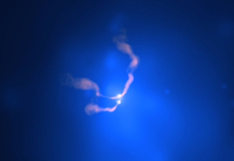 Two Black Holes Dancing in 3C 75. Particle jets are moving at 1200 kilometres per second.